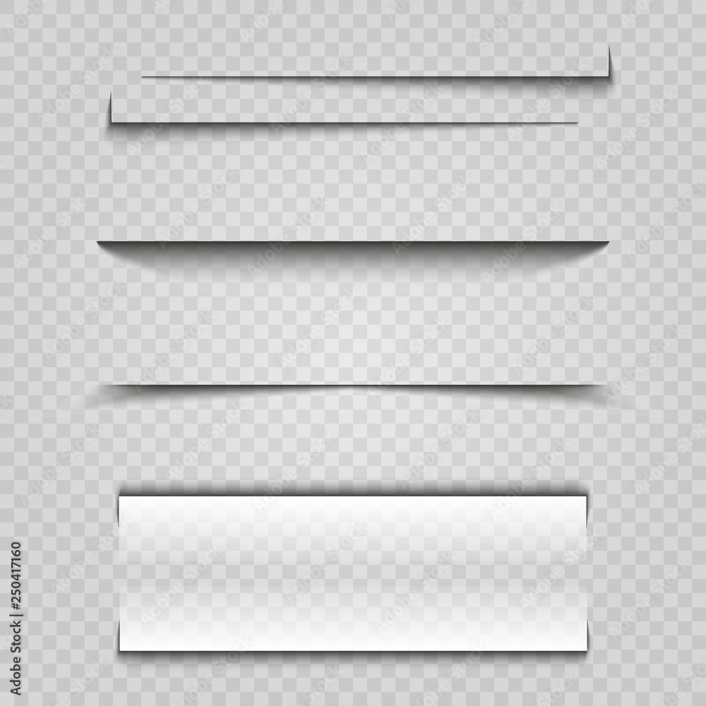 Vector shadows isolated. Transparent shadow realistic illustration. Page divider with transparent shadows isolated. Pages vector set.