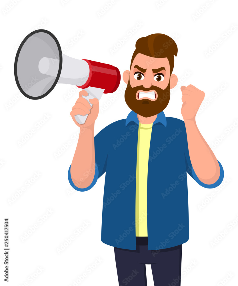 Angry man holding a megaphone or loudspeaker and raising hand fist gesture. Rage businessman screaming very loud. Human emotion and body language concept illustration in vector cartoon flat style.