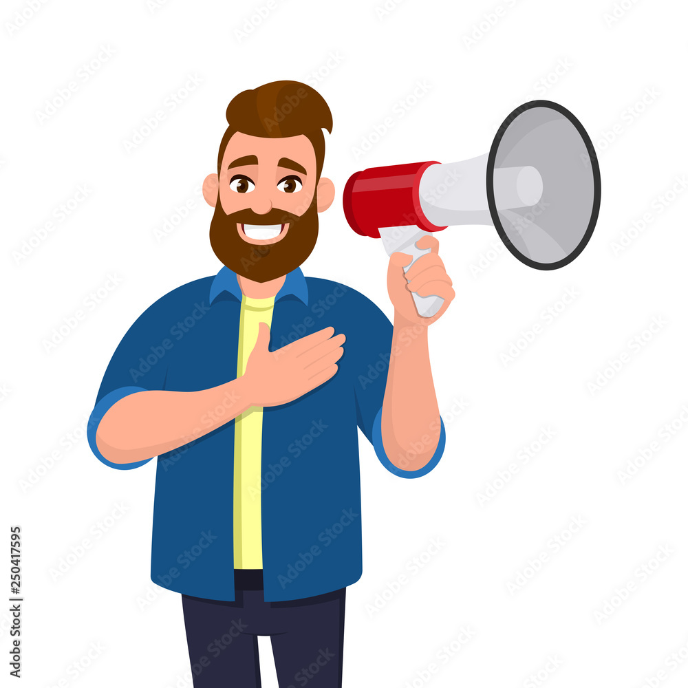 Pleased young man holding a megaphone or loudspeaker and holding hand on chest feeling thankful, gratitude. Human emotion facial expression feeling concept illustration in vector cartoon style. Pleased young man holding a megaphone or loudspeaker and holding hand on chest feeling thankful, gratitude. Human emotion facial expression feeling concept illustration in vector cartoon style.