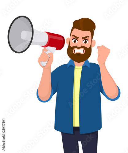 Angry man holding a megaphone or loudspeaker and raising hand fist gesture. Rage businessman screaming very loud. Human emotion and body language concept illustration in vector cartoon flat style.