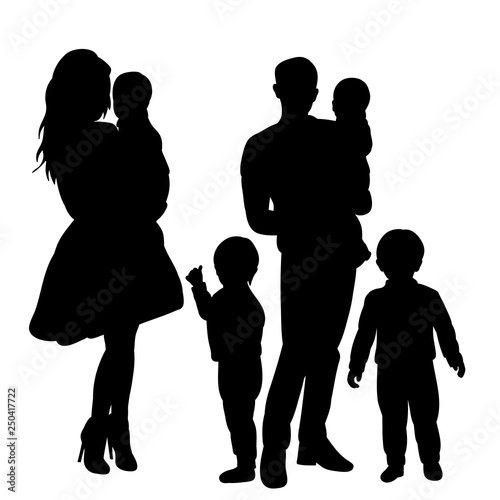 silhouette with children family, mom, dad and child