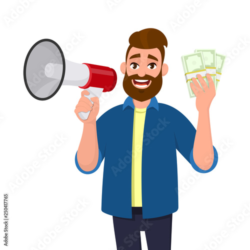 Successful young man holding a megaphone or loudspeaker and showing bunch or cash, money, currency, bank notes in hand. Announcement, business and finance concept illustration in vector cartoon style.