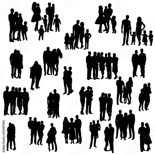 vector, isolated, silhouette people with children stand, family, set