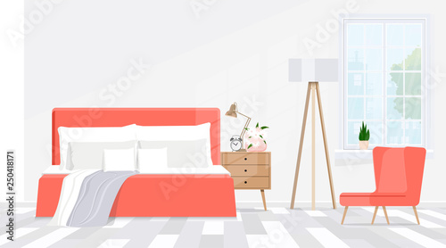 Modern minimalistic interior design bedroom in coral tones. Vector flat illustration.
