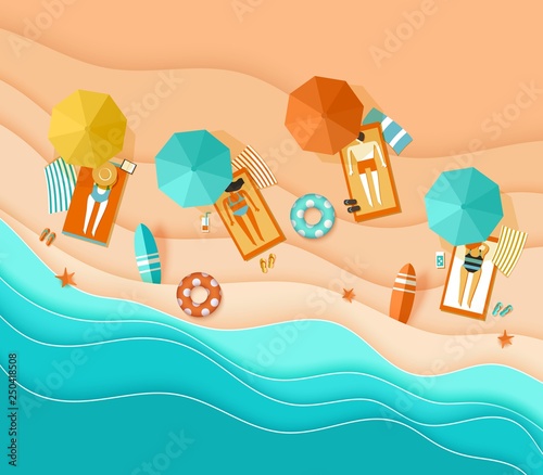 Beach background sea waves sand sunbathing people umbrella papercut paper craft