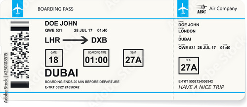 Plane ticket. Pattern of blue boarding pass. Concept of travel, trip or journey. Vector illustration.