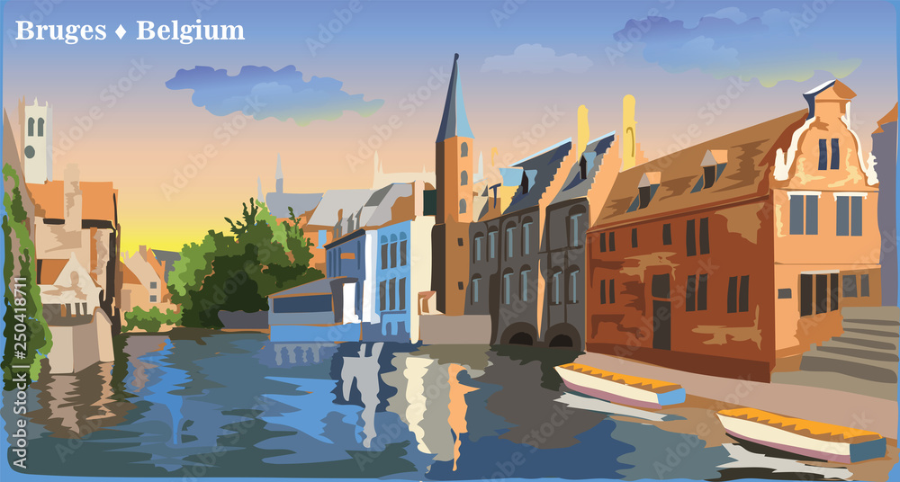 Fototapeta premium Colorful view on water canal in Bruges