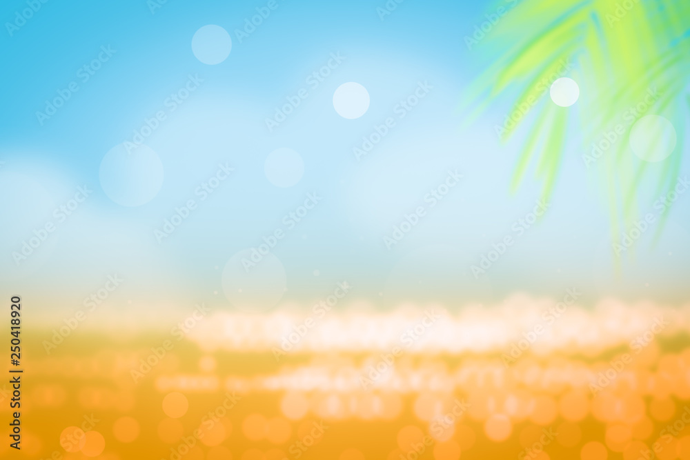 Summer background tropical palm leaves on nature blue sky and sea background