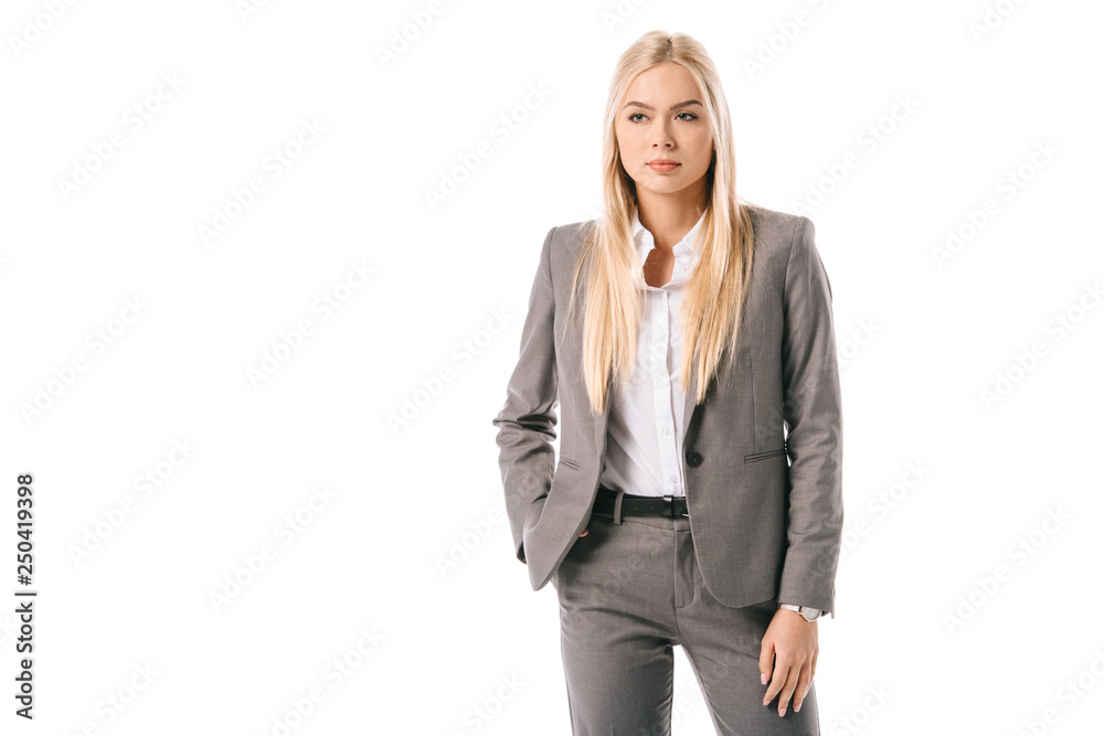 attractive blonde businesswoman posing in suit isolated on white attractive blonde businesswoman posing in suit isolated on white