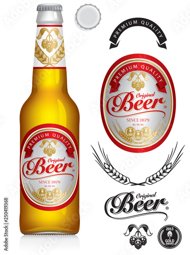 Beer Label and neck label on clear transparent glass beer bottle 330 ml with aluminum lid - vector visual, ideal for beer, lager, ale, stout etc. Drawn with mesh tool. Fully adjustable & scalable.