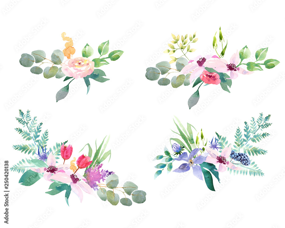 Collection spring Wedding romanric watercolor bouquet. Hand drawing watercolor blue pink and purple flowers ornament