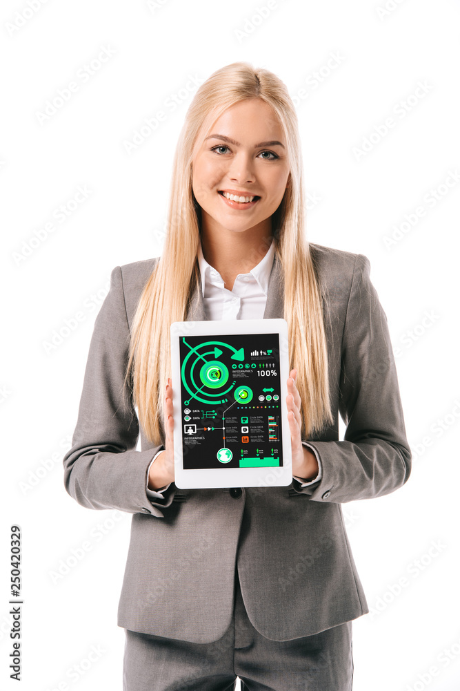 smiling blonde businesswoman showing digital tablet with infographic app, isolated on white smiling blonde businesswoman showing digital tablet with infographic app, isolated on white