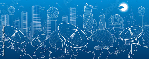 Satellite dishes in the woods, antenna  communication technology, weather station, radar installations, night city, urban scene, vector design art