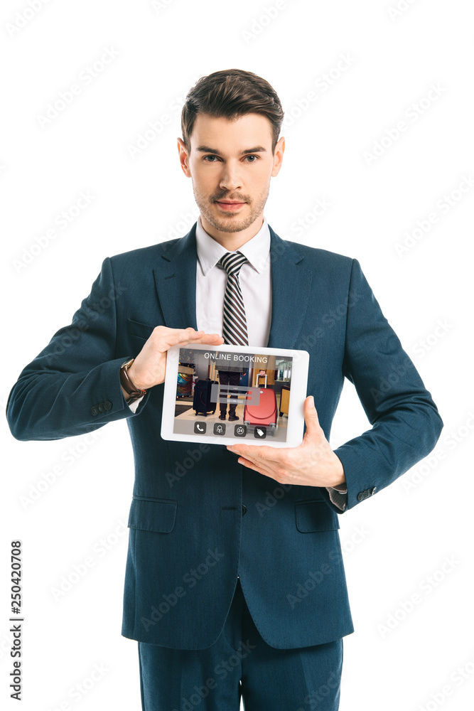 corporate businessman showing digital tablet with online booking app, isolated on white corporate businessman showing digital tablet with online booking app, isolated on white