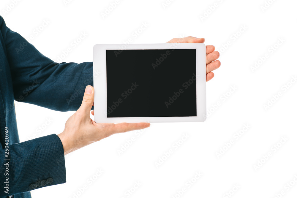 partial view of businessman showing digital tablet with blank screen isolated on white partial view of businessman showing digital tablet with blank screen isolated on white