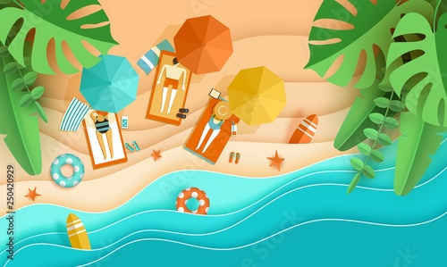 Beach vacation Tiny people sunbathe on tropical beach Papercut Top view background