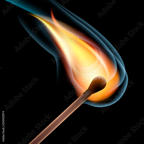 Realistic burning match. Open flame. Light in the darkness. Vector Illustration, EPS10.