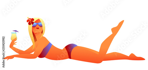 Girl sunbathes on beach.