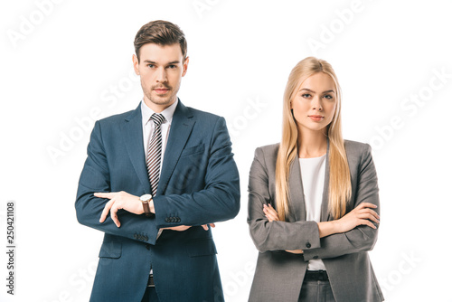 confident corporate businesspeople posing with crossed arms isolated on white