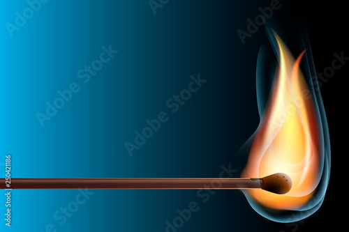 Realistic burning match on gradient background. Open flame. Light in the darkness. Vector Illustration, EPS10.
