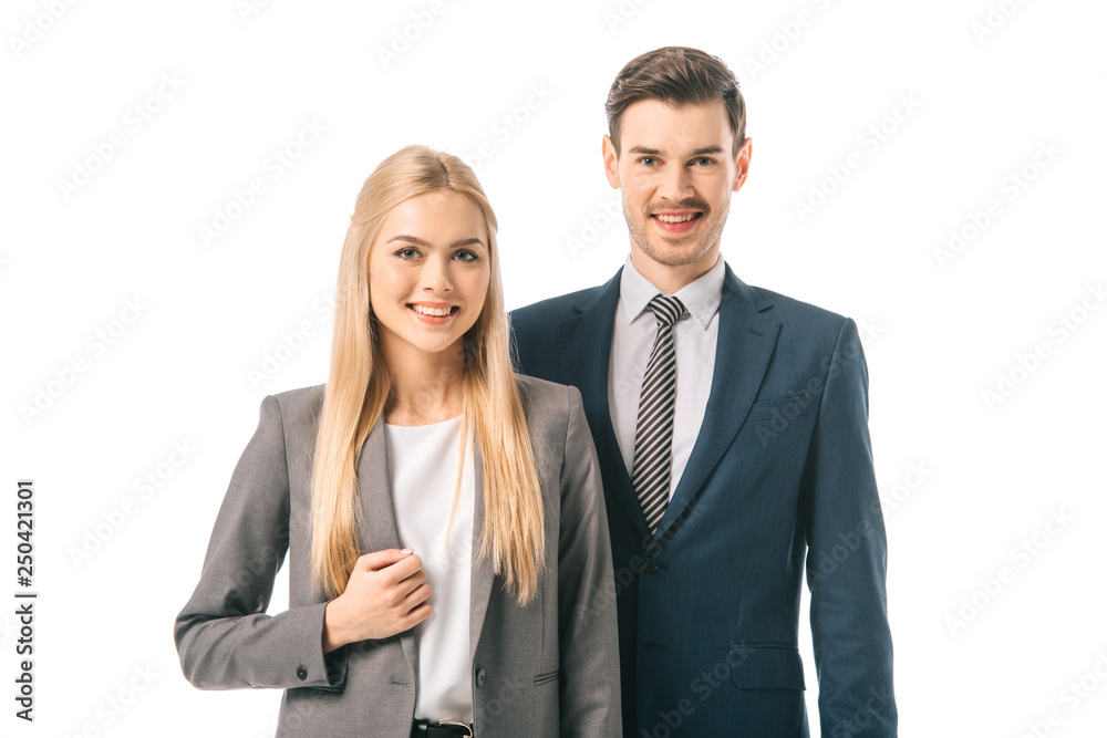 smiling confident businesspeople posing in suits isolated on white smiling confident businesspeople posing in suits isolated on white
