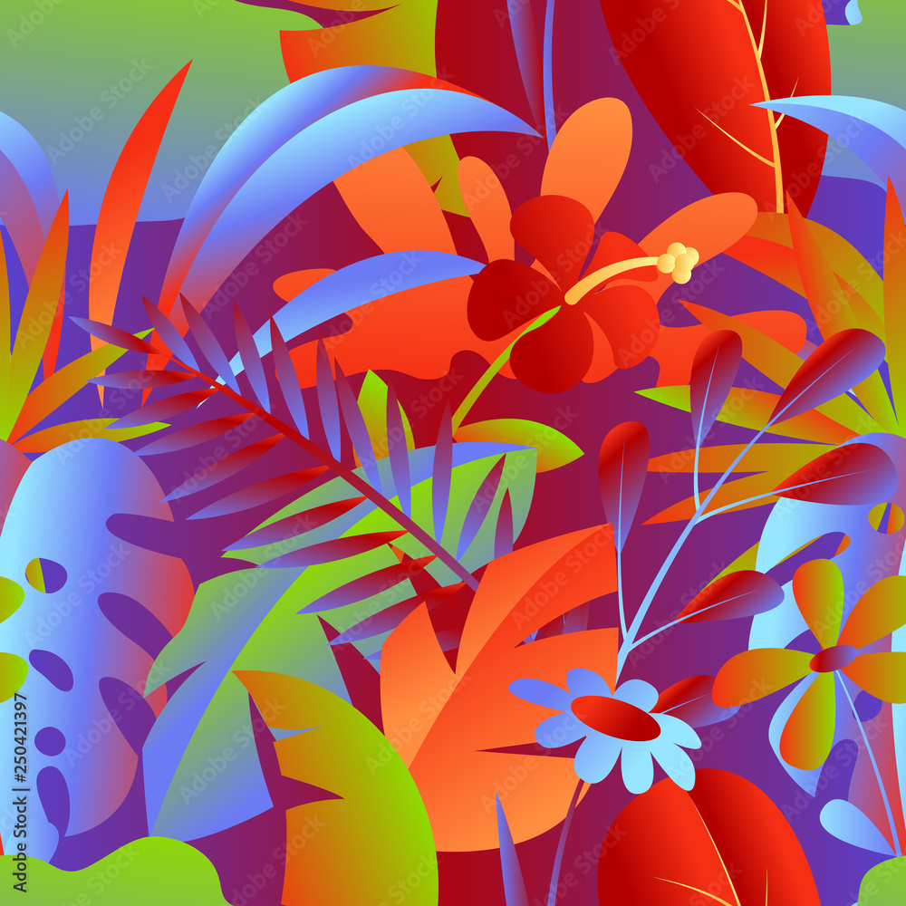 Seamless pattern with tropical leaves and flowers. Seamless pattern with tropical leaves and flowers.