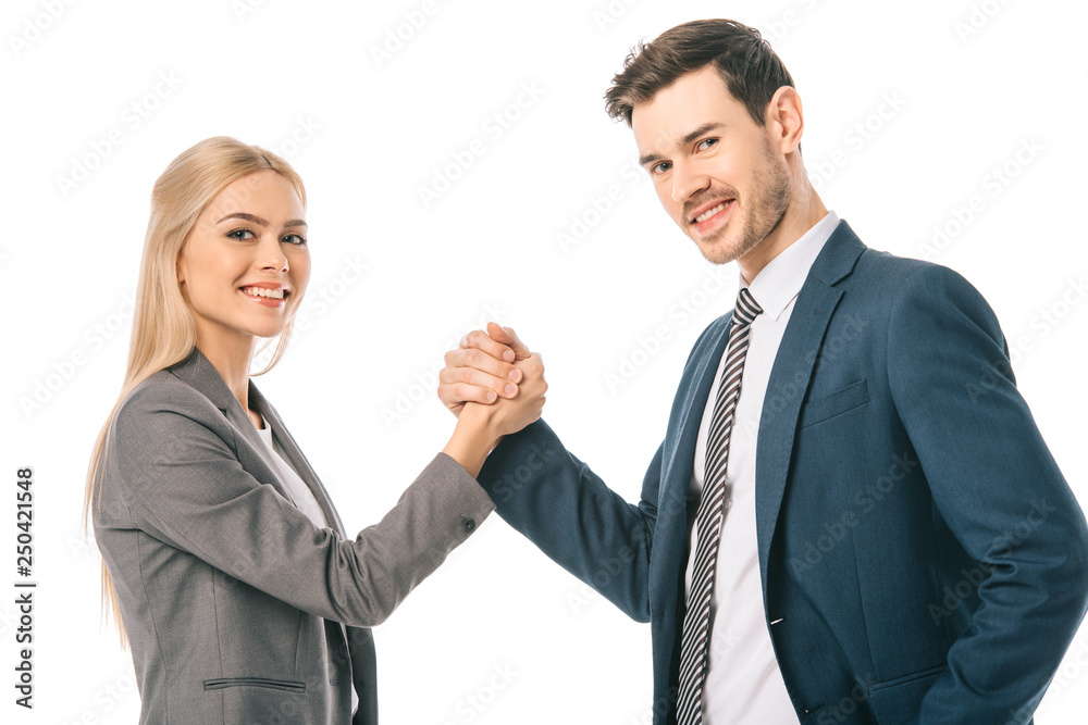 smiling business colleagues shaking hands isolated on white smiling business colleagues shaking hands isolated on white