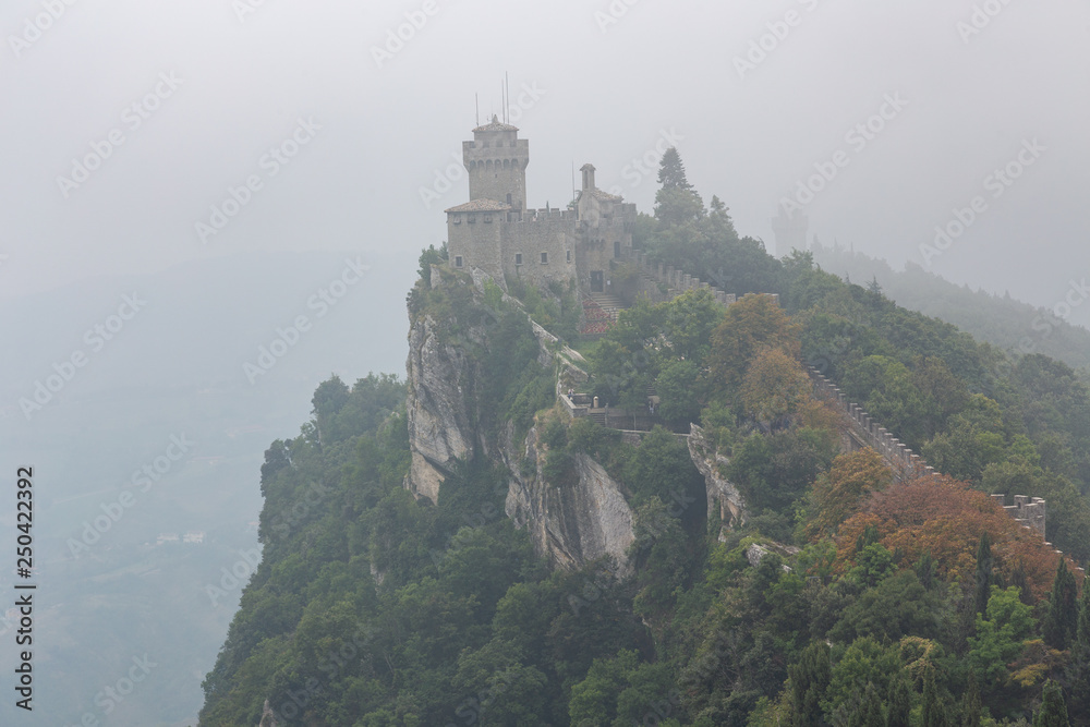 View from Guaitta Fortress on Falesia Second Tower in San Marino in the Fog