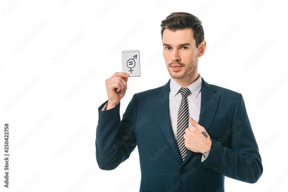 handsome businessman holding gender equality symbol, isolated on white handsome businessman holding gender equality symbol, isolated on white