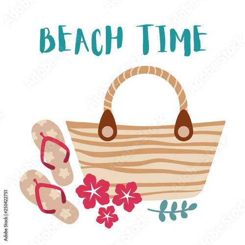 Beach tote and flip flops.