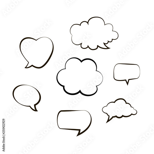 Collection of hand drawn think and talk speech bubbles message. Doodle style black comic balloon, cloud, heart shaped design elements. Isolated vector. Line bubbles on white background