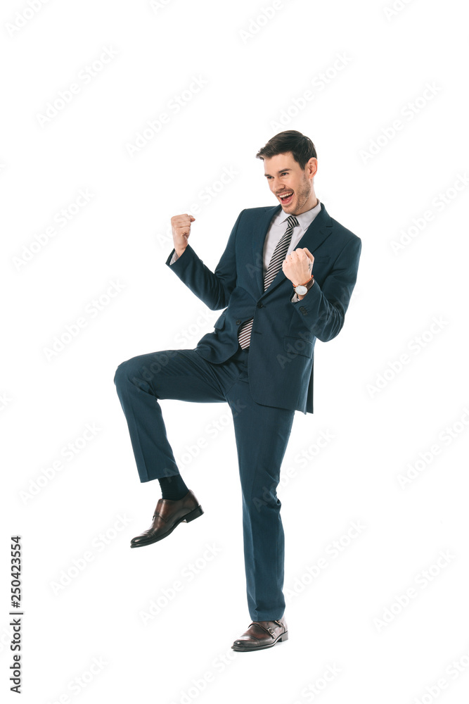 successful businessman in suit celebrating triumph isolated on white successful businessman in suit celebrating triumph isolated on white