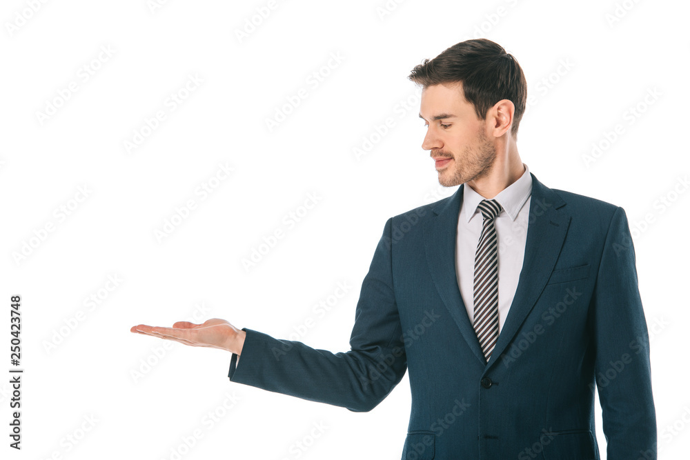corporate businessman presenting something isolated on white corporate businessman presenting something isolated on white