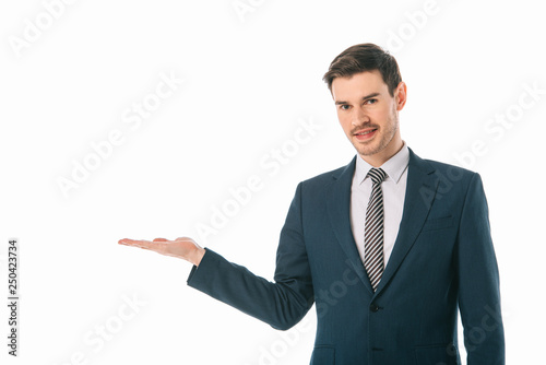 successful businessman presenting something isolated on white