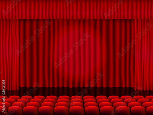 Beautiful red cinema hall with seats facing red folded curtain drapes on a black stage vector.