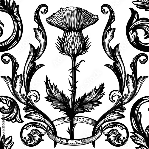 Beautiful bohemian damask seamless ornament with thistle flower.