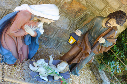 Statues Joseph, Mary and Baby Jesus near Virgin Mary House 