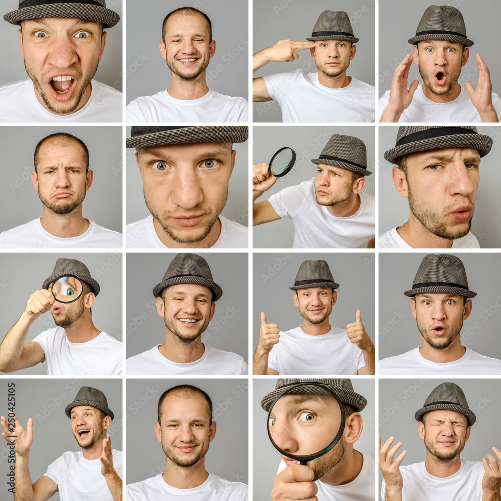 Set of young man's portraits with different emotions and gestures Set of young man's portraits with different emotions and gestures