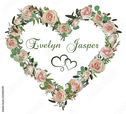 Valentine greeting card, invite card. Herbs, eucalyptus,  forest fern, brunia, waxflower and pink rose. Natural, branches boxwood, buxus. For wedding invitations, vignettes, postcards, posters