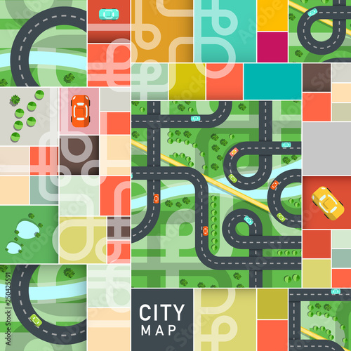 Vector Top View City Map with Roads and Cars on Strets photo