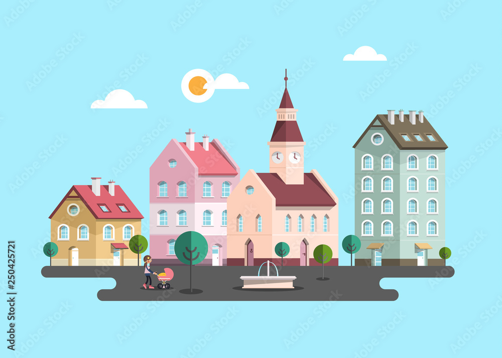 Urban Landscape. Vector Flat Design City with Buildings. Woman with Pram and Fountain on Town Square.