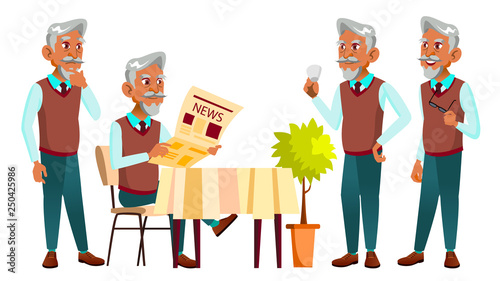Arab, Muslim Old Man Poses Set Vector. Elderly People. Senior Person. Aged. Positive Pensioner. Web, Brochure, Poster Design. Isolated Cartoon Illustration
