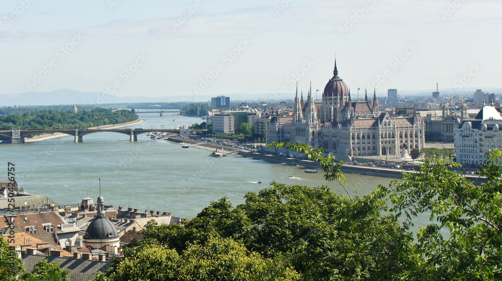 Top view of the Danube river and the Hungarian Parliament on the bank in Budapest, sunny day, Hungary
