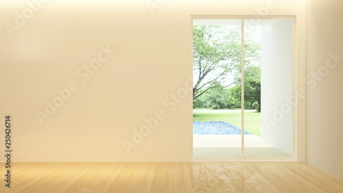 Empty room with swimming pool view and forest view. Space design room of backdrop or room for presentation. 3D Illustration for artwork.