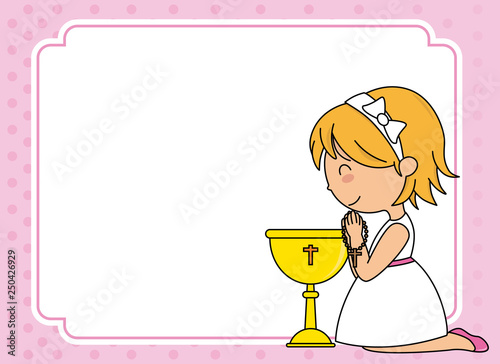 First communion card. Girl praying. Space for text