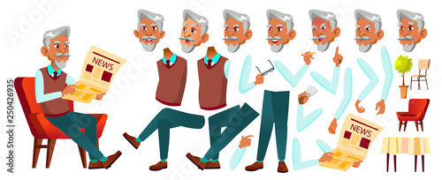 Arab, Muslim Old Man Vector. Senior Person Portrait. Elderly People. Aged. Animation Creation Set. Face Emotions, Gestures. Active Grandparent. Joy. Poster Design. Animated. Illustration