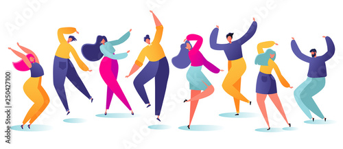 Set of young happy dancing people. Party dancer character male and female isolated on white background. Young men and women enjoying dance party. Colorful vector illustration.