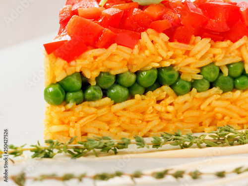 Vegetarian food, rice salad with vegetables, healthy meals