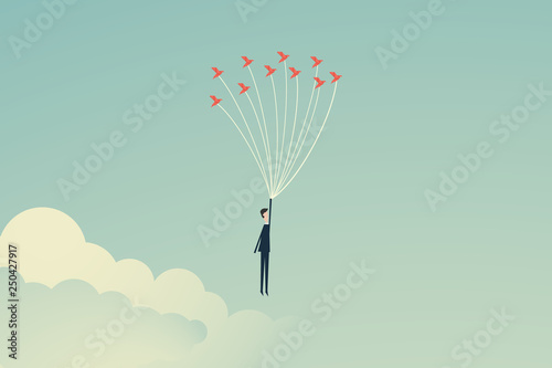  business finance. Freedom concept. Business person flying up with birds. Emotion of freedom and happiness, above risk and danger, the businessman balances