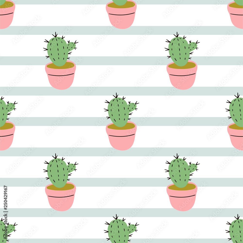 Vector seamless pattern with cactuses in flower pots on striped background